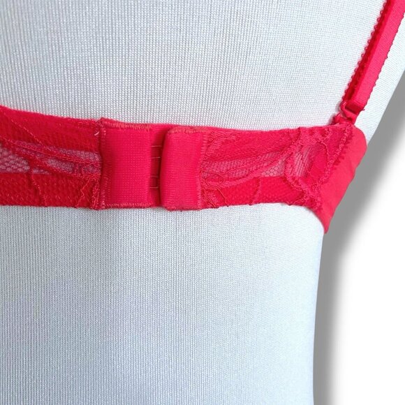 Victorias Secret 34A Bra Red Pink Lace Padded Push Up Balconette Underwire Bows - Picture 7 of 9